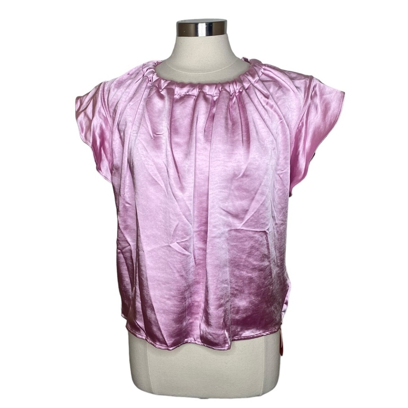 Eva Franco Cara Button Back Satin Top Rosewater Gathered Neck Women's Large New
